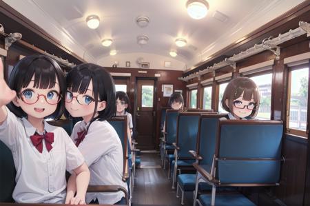 best quality, ultra-detailed, illustration,
oha35, train interior, scenery, chair, sunlight, window, indoors, seat, wooden floor, ceiling, ceiling light, 
multiple girls, glasses, bob cut, school uniform, black hair, school bag, smile, laughing, looking at viewer, 
 <lora:JNR_oha35_SD15_V4_DIM4:1>