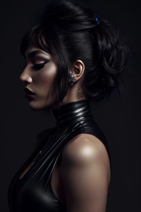 The image is a high-resolution photograph of a person with an ethereal, surreal aesthetic. The subject is a woman with a striking, statuesque appearance, her face and body draped in a dark, almost black, high-fashion ensemble. She has her eyes closed, giving an impression of serenity or contemplation. Her makeup is dramatic, with dark, matte lipstick and eyeshadow that matches the dark tones of her attire. side view,