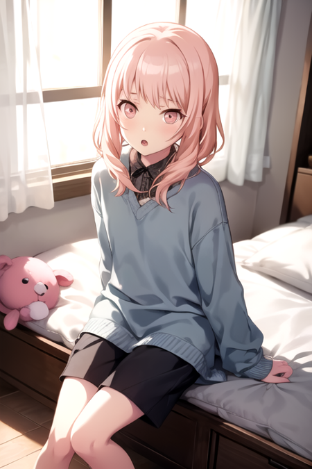 <lora:AkiyamaMizuki-05:0.745> ,mizuki, solo, looking at viewer, short hair, skirt, shirt, long sleeves, sitting, pink hair, pantyhose, frills, parted lips, collared shirt, pants, indoors, pink eyes, blurry, :o, sweater, pillow, plaid, black pantyhose, eyelashes, bed, depth of field, feet out of frame, on bed, from above, plaid skirt, stuffed toy, sunlight, stuffed animal, looking up, curtains, box, grey shirt, light particles, androgynous, 1other, light blush, light rays, wooden floor, dot nose, lamp, bedroom, grey sweater, desk lamp, bob cut