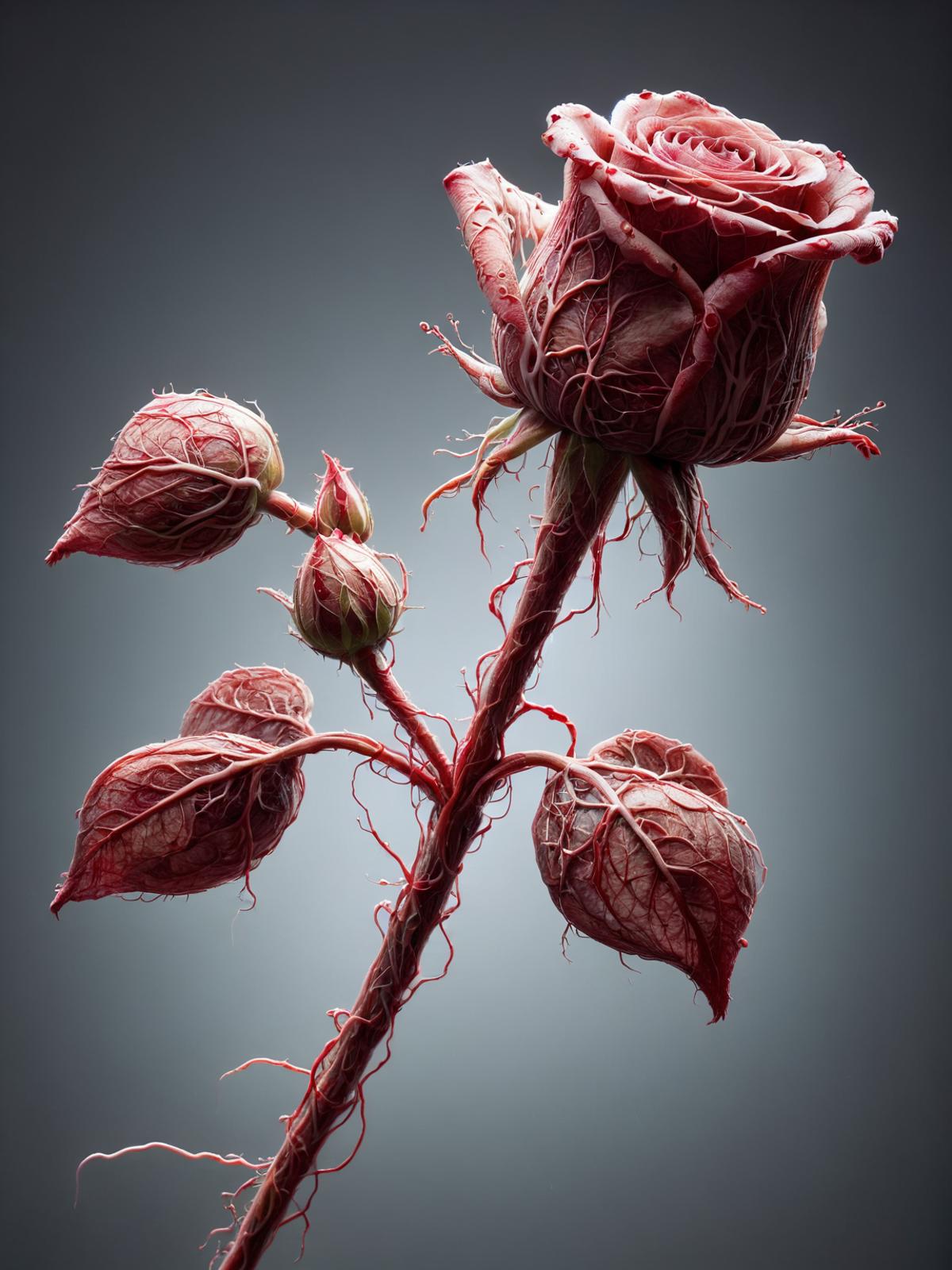 A red rose with red veins and buds on a gray background.