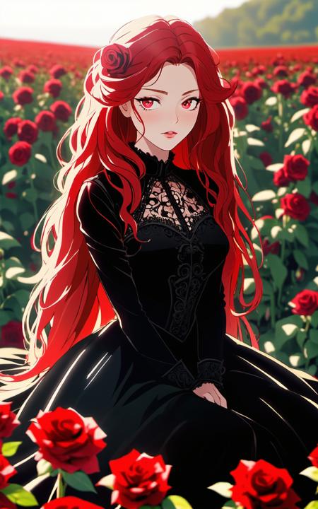 Cowboy Shot, ((glossy eyes)), (aesthetic, intricate:1.0)
1girl, red long hair, crimson eyes, detailed, crimson light, field of red roses, black dress, light particles, sitting on roses, outdoors, sunlight, ((photo-realistic:1.4)), 35mm, intricate details, HDR+, intricate details, Detailed Fluffy Fur, Detailed Hair, hyperdetailed, natural fur texture, detailed skin, hyperrealism, sharp
(hyperrealistic, cinematic light, depth of field)