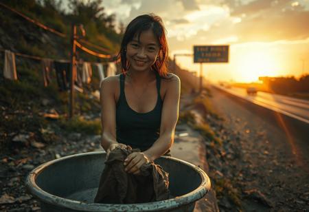 cinematic wide shot, a ruggedly dressed East Asian woman washing clothes in a metal basin by a cracked highway, post-apocalyptic sunset casting golden streaks, her tank top slightly damp, sleeves rolled up revealing toned arms, smirking at the viewer while wringing out a shirt, setting: overgrown ruins with makeshift clotheslines, mood: playful survivalism, lighting: warm dusk with volumetric dust, shot on ARRI Alexa, inspired by 'Mad Max' meets 'Memories of a Geisha'