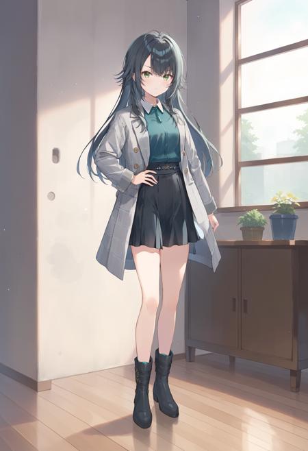 tsukimura temari, long hair, green eyes, black hair neck ribbon, grey jacket, open jacket, collared shirt, long sleeves, black skirt, pleated skirt, boots, black footwear