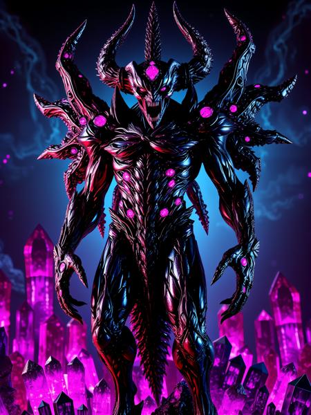 sparkling amethyst crystals, 
Against a bright neon sparkling amethyst crystals background a dark satanic figure stands in defiance . The creatures skin is a leathery mess of flaming cracks and blistering pustules
