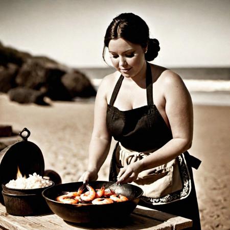 Perfect face, very high precision, Bohemian style, black, sepia, dark, lit by a wood fire, blurred, high contrast, naked, chubby woman, with an apron at the waist, makes a dish from mold, fruit of sea, shrimp, onion, interior photo of a cabin on the beach from the 1950s, through the window we see the sea through the window, kitchen, professional, color on the walls, Lecorbusier, dark, kitchen, Mondrian painting in color on the walls, according to Brutalism