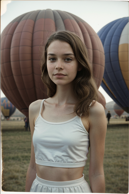 IdaRaun, photography by (Rodney Smith:1.3), ((upper body focus, shoulders)), modelshoot, pose, (1938 postcard, facing viewer, Cappadocia, surrealist, melting hot air balloons,  Salvador Dali, looking at viewer, blurry background, bokeh, ID photo:1.3), Century Camera Co. Studio, 160mm f/8, 1/10s, ISO 25, ((tintype)), serious look