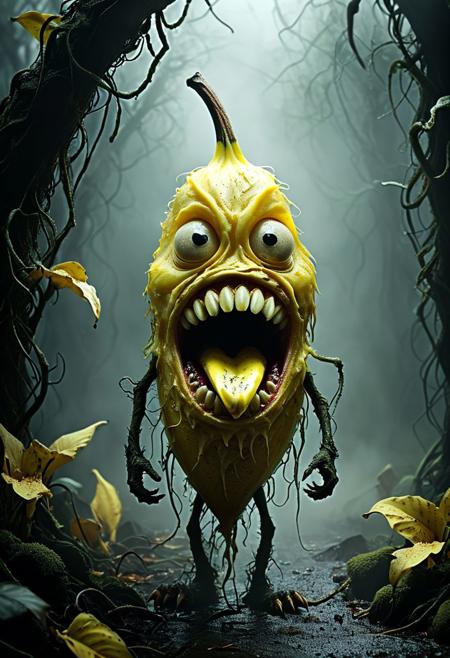 Create a magical scene featuring an enchanting, Let's create a scary horror banana monster for you:
- **Appearance**:
  - The scary horror banana monster has dark, rotting yellow skin with oozing black slime dripping from its peeling.
  - Its eyes are glowing red orbs that pierce through the darkness, instilling fear in those who dare to look at it.
  - Sharp, jagged teeth line its gaping mouth, ready to devour anything in its path.
  - Long, twisted vines extend from its back, with thorns that can entangle and trap its victims.
- **Personality**:
  - This banana monster is malevolent and cunning, lurking in the shadows to strike fear into the hearts of unsuspecting prey.
  - It thrives on chaos and feeds off the terror of its victims, relishing in their screams.
  - The monster is relentless in its pursuit, never showing mercy to those who cross its path.
  - Its presence is accompanied by a foul stench that permeates the air, signaling its sinister intentions.
This terrifying banana monster embodies the darker side of imagination, striking fear into all who encounter it with its ghastly appearance and malevolent nature., casting ethereal beams of light that illuminate the misty air and create a mystical atmosphere.
