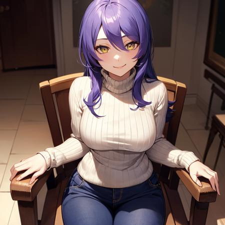 (moona hoshinova:1.2), purple hair, blonde colored inner hair, purple eyes, yellow eyes, gradient eyes, messy hair, add_detail:1, breasts, athletic body, slender, 1girl, solo, solo focus, (smile), indoors, sitting, on wicker chair, (turtleneck sweater, long sweater, pants)