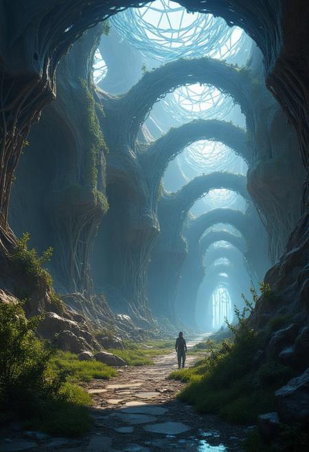 steel-vine monastery with nanite-swarm light sources, Industrial carbon-fiber grids, diamond-ice galleries in crystal-mesa badlands, Psionic mind-hive hives style,Landscape Biomechanical Baroque, atmospheric effects