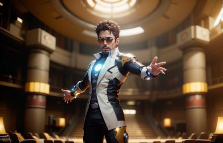 serious (1man), ((Tony Stark)), spreading arms out to the sides, the pompous pose, futuristic outfit, concert hall, spotlights, smoke in background, render, unreal 5, 8k, ultra quality, (((masterpiece))), (reelmech:0.9), cyberpunk 2077,