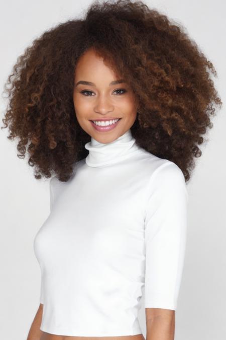 Photo of c3c1l14l10n woman, smiling, white turtleneck blouse