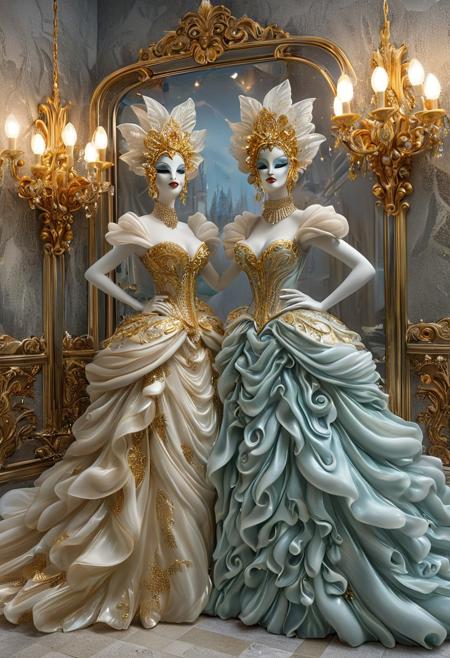 novuschroma54 style, made of glass, 
Sculptural clay art depicting a surreal masquerade ball in thick fog: ornate Venetian masks, swirling silk gowns, floating golden chandeliers, reflections in mirrored walls. Fairy tale illustration, modeled shapes, textured surfaces, low visibility.