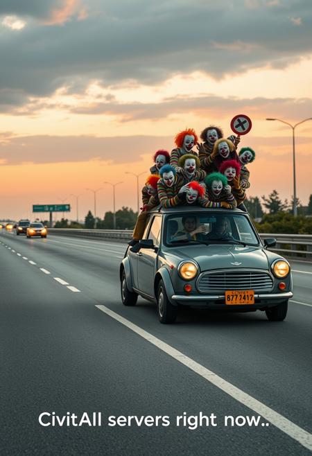 raw photograph, single car on the highway, many clowns inside a tiny car, many clowns on top a tiny car, with caption "CivitAI servers right now"