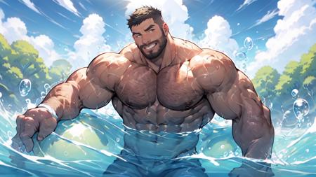 mature male, muscular man, male focus, best quality, (looking at viewer), solo, sweat, abs, pecs, cloud, blue sky, in the pool, sweat, (Little yellow duck in the water), full body, topless, masterpiece, beard, bubble, sunlight, rainbow, fade haircut, ( bouncy castle), men's briefs, bara stocky, <lyco:NiJiMale-10:0.5>,