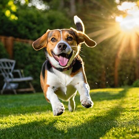 Beagle dog, 
mid-tumble over a well-worn football, 
tongue lolling out in a wide grin, 
evening golden light casting elongated shadows, 
playful scene unfolding in a lush, 
green backyard, 
focus on gleeful expression, 
fur texture detailed, 
dynamic motion blur emphasizing playfulness, 
shallow depth of field with bokeh effect in background, 
sun flare, 
digital painting, 
vibrant color palette, 
high resolution.