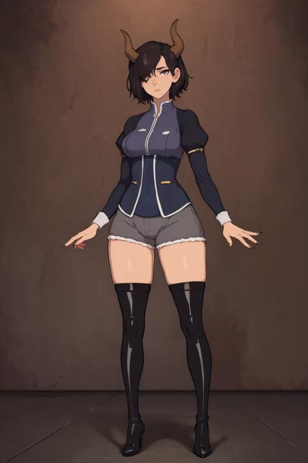 (masterpiece, best quality:1.2), <lora:cummybender:1>, cummybender, 1girl, boots, horns, thigh boots, high heel boots, high heels, purple eyes, thighhighs, hair over one eye, short hair, black footwear, looking at viewer, standing, solo, full body, black hair, single horn, fingernails, long sleeves, shorts, puffy sleeves, oni, pantyhose