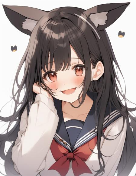 1girl mole under eye solo mole looking at viewer long hair white ribbon animal ears smile school uniform extra ears bangs black hair ribbon swept bangs sailor collar serafuku blush ribbon ahoge brown eyes long sleeves collarbone parted lips sweater