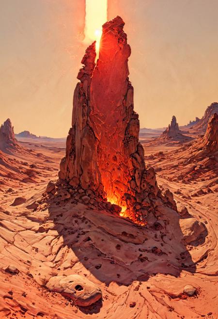 8K, ultra-detailed, cinematic lighting, hyper-realistic CGI render, surreal desert landscape, colossal sandstone monolith shaped like a weathered ancient tablet, vertical fissure radiating warm amber light from within, casting soft, elongated golden shadows, intricate glowing runes in fiery orange and deep red etched on cracked sunbaked surface, vast sky with swirling ochre and burnt sienna clouds, wide-angle low shot emphasizing monumental scale, scattered sun-bleached stones and cracked parched earth in dusty beige and terracotta hues, ground texture rough and arid, warm and mystical atmosphere evoking forgotten desert secrets and ancient fire magic. ArsMJStyle, Colored pencil hyperdetailed realism
