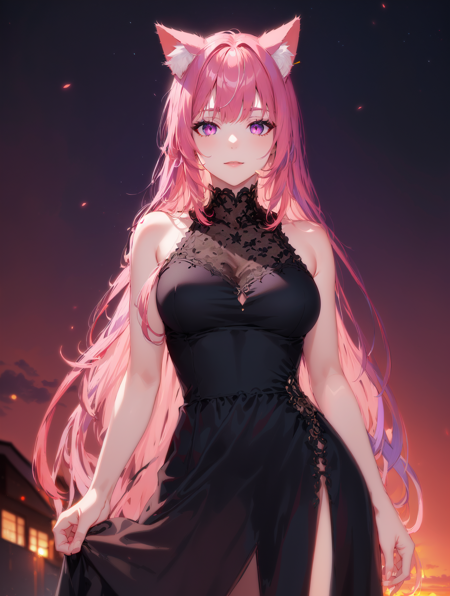 1girl, solo, bangs, red hair, (pink hair:1.1), long hair, very long hair, (purple eyes:1.1), (cat ears, animal ear fluff:1.05), 
outdoors, night, sunset, cowboy shot, contrapposto, black dress, long dress, 
gradient eyes, colored inner hair, medium breasts, (smile:0.7), (masterpiece, best quality, exceptional, extremely detailed:1.1)