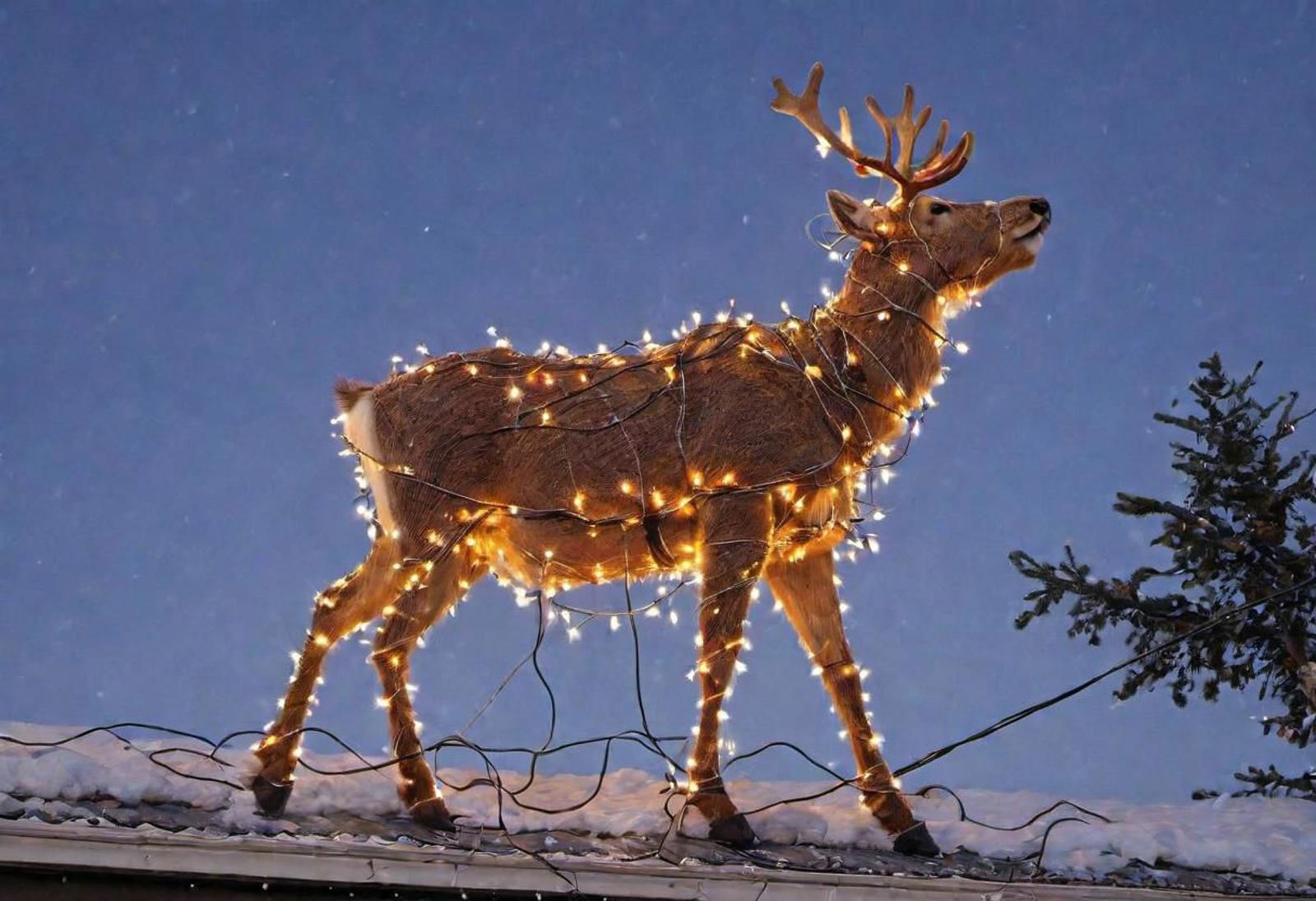 A deer wearing a string of lights on its horns.