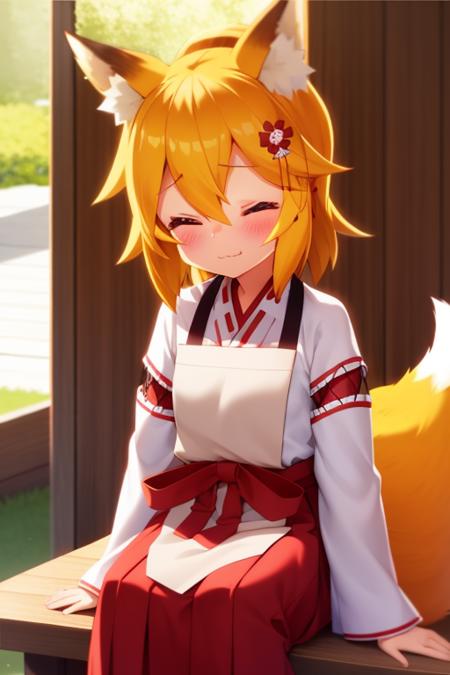 <lora:senkoLora_v4:1>, 1girl, :3, animal ear fluff, animal ears, blonde hair, blush, brown eyes, closed eyes, fox ears, fox girl, fox tail, hair between eyes, hakama short skirt, hakama skirt, japanese clothes, looking at viewer, plate, ribbon trim, ribbon-trimmed sleeves, sen, short hair, sitting, skin fang, solo, strapless dress, tail, under covers, upper body