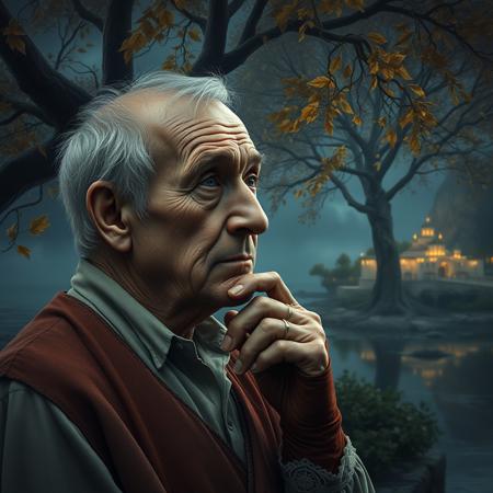 (photorealism:1.5)
1 oldman,  thoughtful expression, gazing at the majestic tree, falling leaves,  calm coastal village in the background, night time, pale colors, high contrast, hyper-realistic, serene atmosphere, pensive pose, detailed, high-definition, reflective mood, peaceful setting,
slight freckles, long eyelashes, thick eyebrows, torn pelvic sheer curtain, bridal gauntlets, torn red dress,