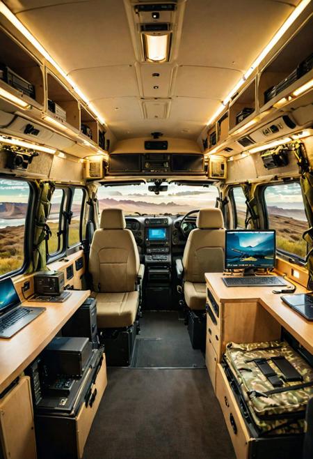 A carriage full of computer equipment, a surveillance vehicle for operations, a special vehicle for special agents, and a camouflage vehicle for covert operations
Architectural Digest photo of a maximalist computer camper van {
Screen|Computer|Operation Panel} camper van with lots of Electronic equipment, golden light,hyperrealistic surrealism,award winning masterpiece with incredible details,epic stunning,photorealistic,realism,realistic,more detail,
[button|lever|knob|pedal|lever_switch, steering wheel|rocker|gear_controller, signal light|emergency light|red light|red light|green light|neon light_light signal, chart|analysis chart|monitoring screen |Various indicators|marquee|head-up display_LED signage, observation window|main window|side window_window, handle|indicator|window|slogan|light signal_hatch, leather seat|helmet|adjuster|headset| Pedal_Driver's Seat:0.4],
[Metal|Leather|Flash|Neon|Glass|Screen_Detailed Texture: 0.7]