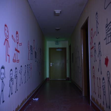 Le couloir s’étire à l’infini sous la lueur tremblotante des néons qui grésillent par intermittence. Les murs, autrefois recouverts de dessins d’enfants, ne sont plus que des vestiges décolorés, rongés par le temps et l’humidité. Le sol en linoléum est fissuré, par endroits arraché, laissant apparaître un béton froid et poussiéreux.
Des casiers entrouverts laissent échapper des papiers froissés, griffonnés de mots illisibles. L’odeur âcre de moisi et de vieille craie flotte dans l’air stagnant. À chaque pas, le silence s’épaissit, pesant, oppressant... Jusqu’à ce qu’un léger grincement brise l’immobilité. Une porte entrouverte oscille lentement, sans raison apparente.
Au fond du couloir, une salle de classe plongée dans la pénombre. Des chaises renversées, un tableau couvert de griffures, des ombres qui semblent s’étirer anormalement sur les murs. Et puis, ce murmure... Une voix d’enfant étouffée, impossible à localiser, qui récite une comptine oubliée.
Ici, personne n’a mis les pieds depuis des années. Pourtant, quelque chose n’a jamais cessé d’attendre.