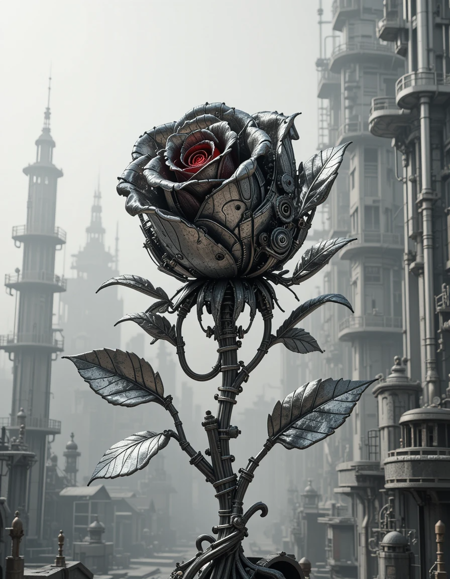 A meticulously detailed steampunk rose, rendered in a hyperrealistic style. The rose is composed of intricate metallic gears, pipes, and cogs, forming a complex structure that mimics the natural form. It resembles a mechanical tree, with metal leaves and a complex root system, all assembled from various metal parts and components. The rose head is a precisely rendered,  metallic rose, with a deep red center.  The background is a vast industrial landscape, composed of grey and white metallic structures, and a hazy atmosphere. The color palette uses shades of greyscale, with subtle touches of a deep crimson red highlight on the rose. The overall impression is one of intricate detail, mechanical beauty, and a juxtaposition of organic and artificial elements. The setting evokes a futuristic, possibly industrial, cityscape.  The lighting suggests a bright, diffused light source from above, casting soft shadows and highlighting the intricate details of the metallic rose.