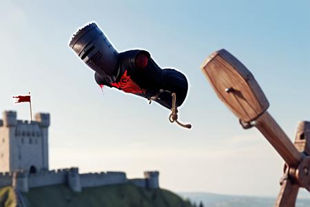 Photo-realistic high resolution photography of simple blank white background,  a limbless black knight being thrown from a (wooden catapult:1.2) into the blue sky towards a castle on a hill in the distance <lora:black-knight-04:0.8>, bloody trail, bokeh, LDSR, Depth of Field, OverallDetail