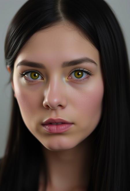 Photographic portrait of a beautiful woman with solid yellow eyes, pupil-less, no iris, long straight black hair.