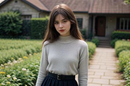 35mm film, one pretty european young woman, solo, supermodel, brown hair, long wavy hair, pale skin, slim eyebrows, no eyebags, perfect face, small nose, blue big eyes, symmetric rose light red lips, big tits, nice breasts, cleavage, necklace, jewelry, blue coloured elegant lace dress with a belt, looking at viewer, slightly smiling, a breath taking flower garden view behind, countryside romantic landscape, panoramic views of majestic and sweeping flower blooming fields, cottage house, summer garden, summer house, natural light, full body, epiCPhoto, <lora:pytorch_lora_weights:0.5>, <lora:picxer_real:0.7>, <lora:FilmVelvia3:0.3>, <lora:more_details:0.6>