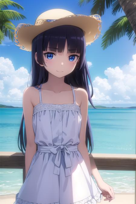 rurigokou, <lora:ruri gokou s2-lora-nochekaiser:1>,
ruri gokou, long hair, black hair, dress, pantyhose, mole, mole under eye, hime cut, smile,
BREAK blue eyes, hat, dress, white dress, sun hat, sundress,
BREAK outdoors, beach,
BREAK looking at viewer, (cowboy shot:1.5),
BREAK <lyco:GoodHands-beta2:1>, (masterpiece:1.2), best quality, high resolution, unity 8k wallpaper, (illustration:0.8), (beautiful detailed eyes:1.6), extremely detailed face, perfect lighting, extremely detailed CG, (perfect hands, perfect anatomy),