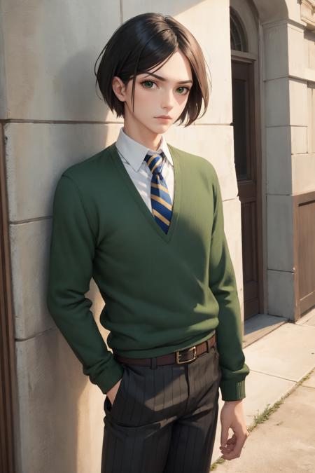 wavervelvet green sweater, necktie, pants