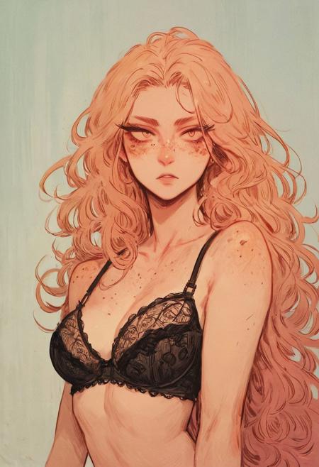 ((score_9, score_8_up, score_7_up)), modern-style colour illustration, bold and bright background colours, abstract shapes, delicate & sensual lineart, lifelike art, lingerie lady, elegant face, smooth black bra, detailed setting, bedroom background, long hair, e-girl makeup, pretty, flirtatious, different poses, inset reaction shot, rich & seductive, freckled face, reaction frame, Etching, pop art