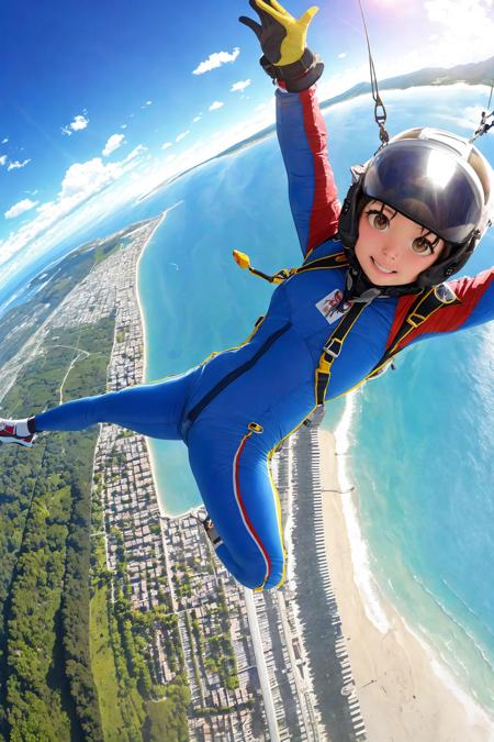 Skydiver jumping out of a plane, sunny day, godrays, ocean in the distance, forested area