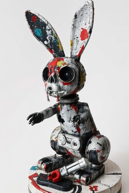 Detailed abstract sculpture roughly painted and made of . dieselpunk robot bunny death machine, post apocalyptic. UHD