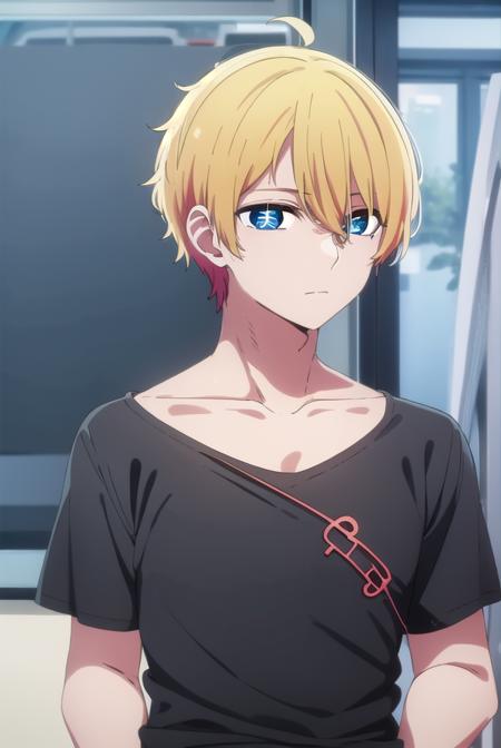 aquamarinehoshino, <lora:aquamarine hoshino s1-lora-nochekaiser:1>,
aquamarine hoshino, blue eyes, blonde hair, hair between eyes, (symbol-shaped pupils:1.5), 1boy, male focus,
BREAK collarbone, short sleeves, pants, black pants, blue shirt, t-shirt, clothes writing,
BREAK indoors,
BREAK looking at viewer, (cowboy shot:1.5),
BREAK <lyco:GoodHands-beta2:1>, (masterpiece:1.2), best quality, high resolution, unity 8k wallpaper, (illustration:0.8), (beautiful detailed eyes:1.6), extremely detailed face, perfect lighting, extremely detailed CG, (perfect hands, perfect anatomy),