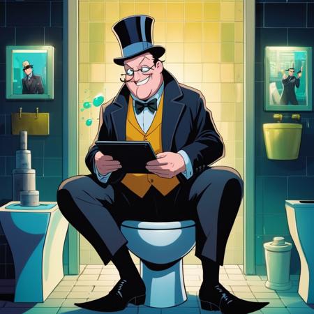 anime artwork of  <lora:Oswald Cobblepot:1.2>
Oswald Cobblepot a cartoon character sitting on a toilet holding a tablet in Gotham city universe, anime style, key visual, vibrant, studio anime,  highly detailed