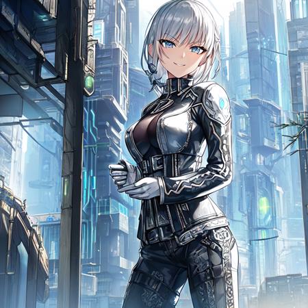 garden, smirking,  determined, intricate details, cowboy shot, black biker jacket, cyberpunk, looking at viewer, ((beautiful detailed silver hair)), short hair, beautiful detailed silver eyes, formal, eye focus, blue and white uniform, slender, (small breasts), in orbit, science fiction, futuristic, monitor, braid, office space