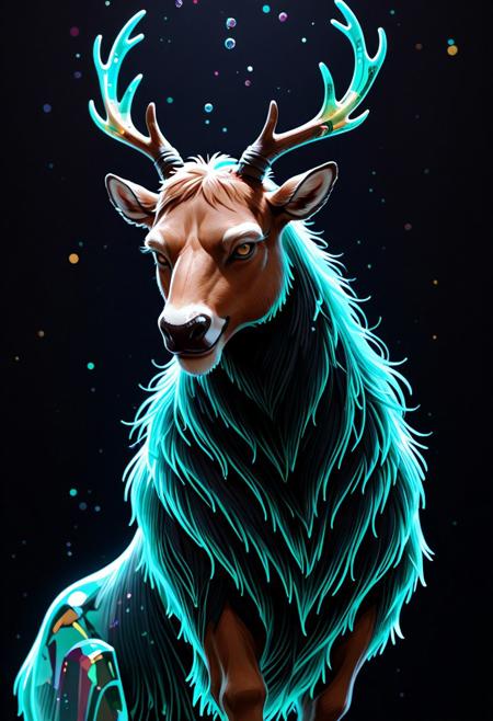 Majestic stag with antlers made of tiny neon glass filaments, <lora:World_of_Glass_Filament:0.81> , dark background, highland glade