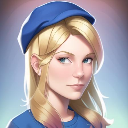 a portrait of a blonde girl with blue cap and blue shirt,gradient_background