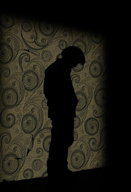 A faint shadow of a tired man, shoulders hunched and head low, projected across a rough wall with swirling textures resembling aged woodcut lines. The lighting is moody, from a low side angle, creating deep contrasts and a somber, quiet atmosphere. The visual style fuses soft photographic mist with precise, stylized shadow etching. vivid style