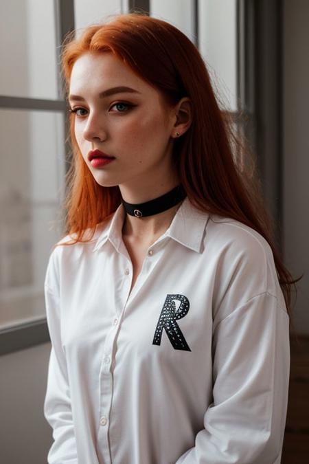 raw photo,  (25yo redhead girl:1.2), makeup, graphic eyeliner, rouge, (choker:0.9), realistic skin texture, oversize shirt, (red:0.8), softcore, warm lighting, cosy atmosphere, instagram style