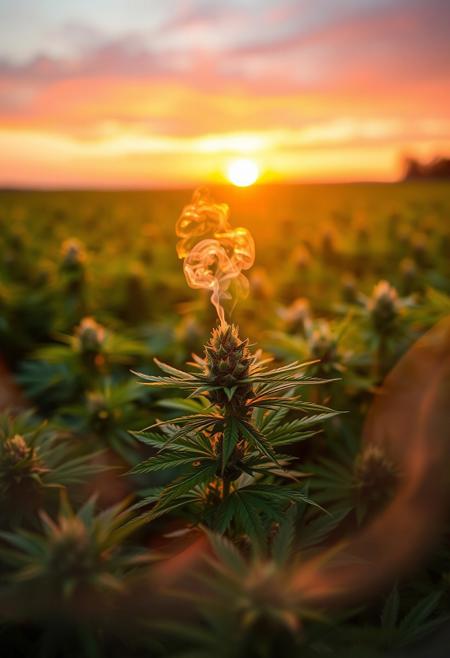 vibrant cannabis field, (lush green leaves:1.4), (sunset glow:1.2) casting warm light over the plants, (detailed textures:1.5), smoke swirling softly in the air, (cannabis buds:1.3) glistening with trichomes, peaceful and serene atmosphere, (natural light:1.4), wide field stretching into the distance, (colorful sky:1.2) with shades of pink and orange, (high-definition:1.6), (ultra-realistic textures:1.5), close-up details of cannabis plants, (soft focus in the background:1.2), modern, laid-back aesthetic, perfect for a cannabis culture feature, chill and relaxed vibe, (overexposed:-1.4), (unnatural colors:-1.5), (blurry:-1.6), (low-resolution:-1.7), (harsh lighting:-1.5), (distorted textures:-1.6)