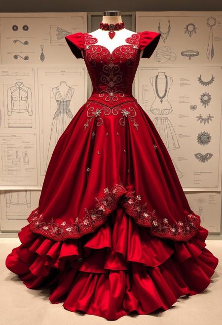 "Full shot, straight-on angle. A striking, deep red gown is displayed on a mannequin, featuring an elegant fusion of aristocratic design and intricate craftsmanship. The bodice, adorned with swirling metallic embroidery and ornate patterns, accentuates a corset-style waist, leading down to a voluminous, multi-layered skirt with cascading ruffles. The gown’s details include shimmering floral motifs embroidered along the hem and bodice, highlighted with small, sparkling gemstones. Behind the mannequin, technical fashion blueprints show the design process with measurements, fabric notes, and accessory sketches, emphasizing the gown’s complex creation. The scene includes sketches of complementary jewelry pieces such as earrings, necklaces, and intricate brooches, reinforcing the luxurious, almost mechanical elegance of the ensemble."