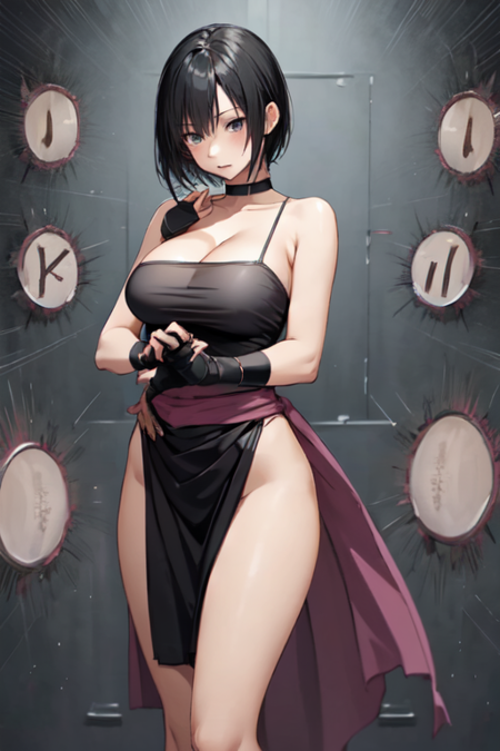 ShienEcstasy, 1girl, solo, short hair, large breasts, black hair, gloves, taut shirt, cleavage, choker, fingerless gloves, pelvic curtain, bare shoulders, 