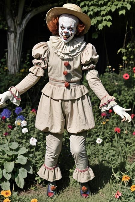 pennywise,sharp teeth, full body, caring for a garden full of vibrant flowers and plants, wearing a straw hat and gardening gloves, sunny day<lora:pennywise-000006:1>