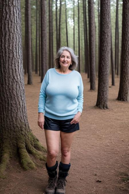 distant view, RAW photo, photo of 1 single 65yo woman, full head to toe image, old, gray hair, sweater, shorts, hiking boots, centered eyes on camera, facing camera, eyes perfect, light blue eyes, standing next to trees in the forest, natural skin,
Enormous saggy breasts, huge breasts, sagging breasts,
 8k uhd, high quality, film grain, Fujifilm XT3, natural color palette