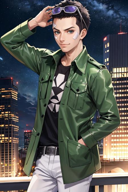 masterpiece, best quality, standing, night, city
<lora:zs_Keiji:1> keijish, black hair, bandaid on face, eyewear on head, sunglasses, green jacket, white pants,